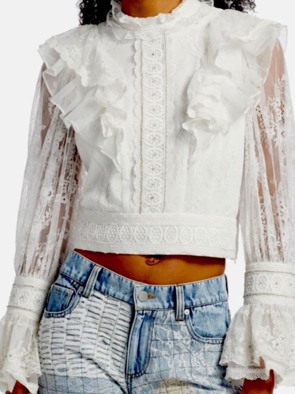 Alice + Olivia Delpha Ruffled Embellished OFF White Lace Crop Top Cottage Fairy